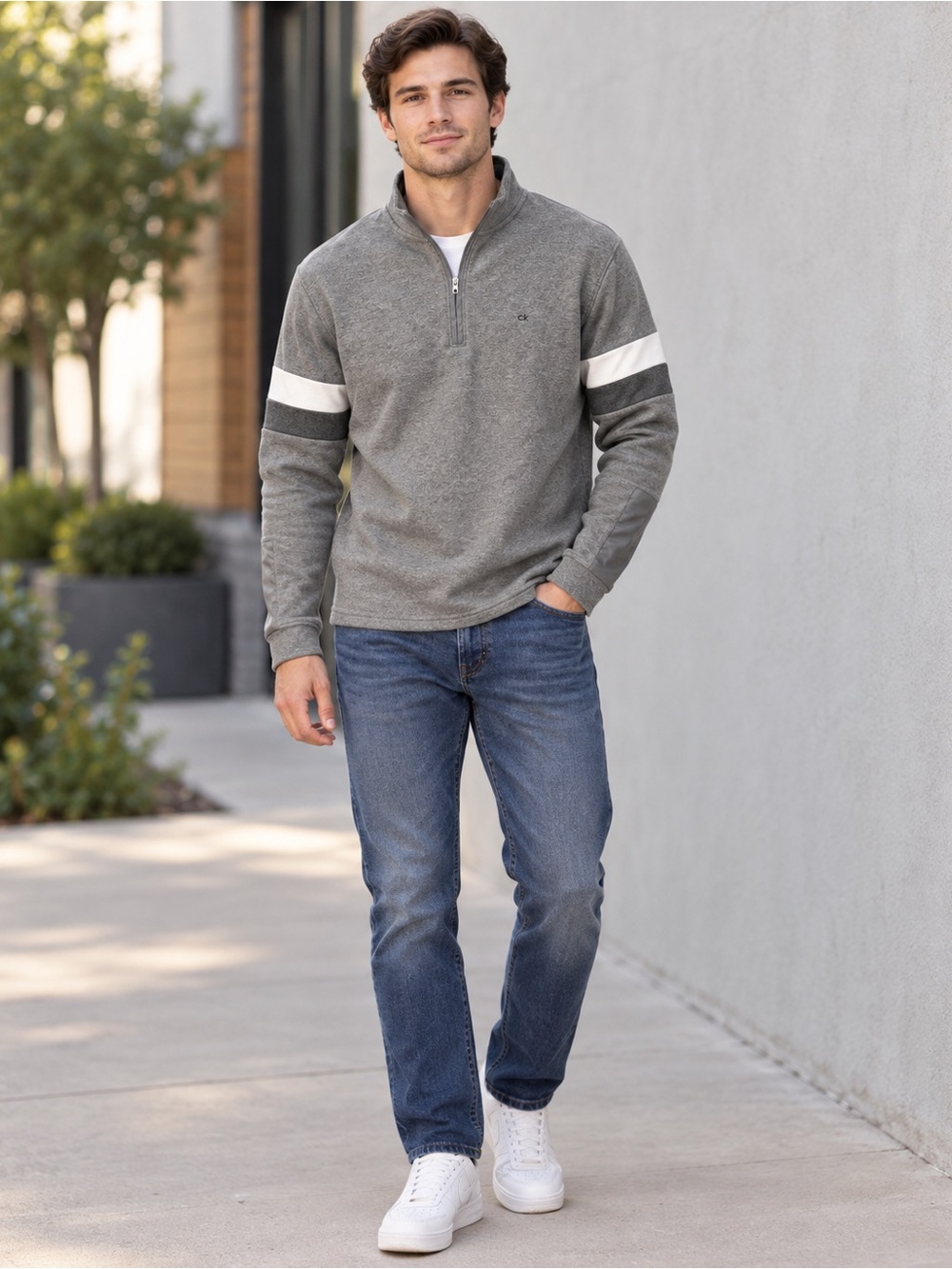Calvin Klein Men’s Small Gray 1/4 Zip Pullover Colorblock Sleeve Cotton Blend